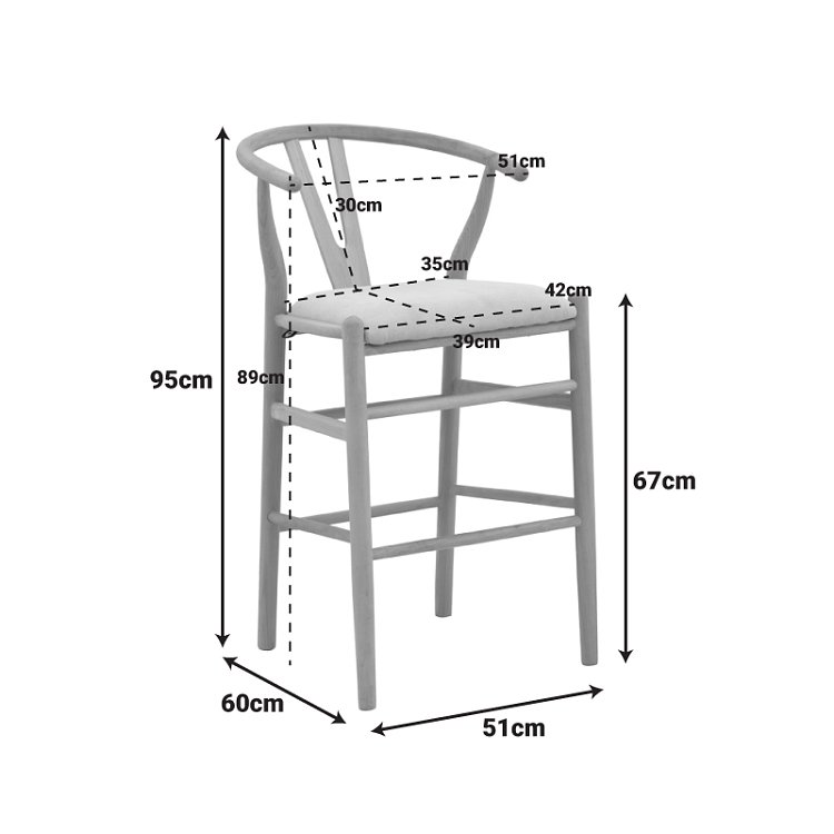Σκαμπό μπαρ Wishbone pakoworld μεσαίου ύψους rubberwood-ύφασμα σε φυσική-γκρι απόχρωση 51x60x95εκ 029-000464