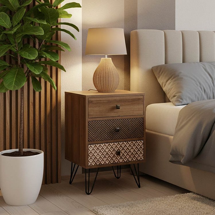 Κομοδίνο Boho pakoworld με 3 συρτάρια καρυδί με μεταλλικά πόδια 40x40x59εκ 066-000007