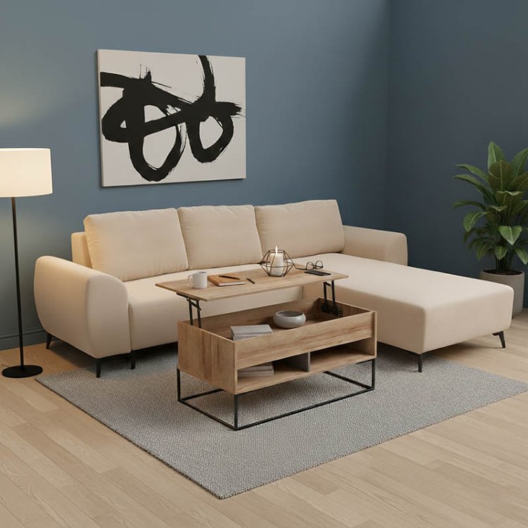 Kαναπές κρεβάτι τριθέσιος αναστρέψιμος Settee pakoworld ύφασμα με αποθηκευτικό χώρο σε μπεζ απόχρωση 286x204x93εκ 074-000042