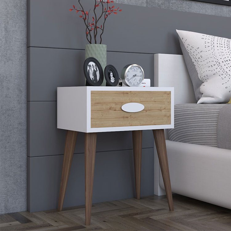 Κομοδίνο Laber pakoworld με ένα συρτάρι καρυδί-λευκό-sonoma 45x30x57.5εκ 120-000131