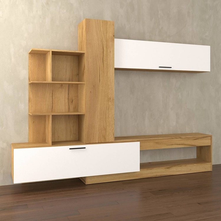 Σύνθεση Τηλεόρασης OMELA 260x42x193εκ Χρυσός Δρύς Με Λευκό TO-OMELA