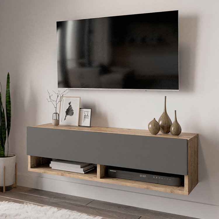 Έπιπλο τηλεόρασης επιτοίχιο Roscoe pakoworld ανθρακί-oak 100x31,5x29εκ 176-000022