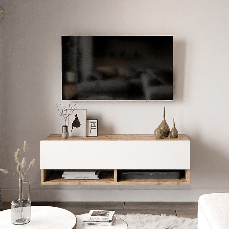 Έπιπλο τηλεόρασης επιτοίχιο Roscoe pakoworld λευκό-oak 100x31.5x29.5εκ 176-000031