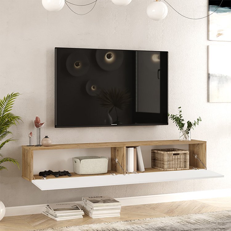 Έπιπλο τηλεόρασης επιτοίχιο Dello pakoworld λευκό-oak 180x31.6x29.6εκ 176-000059