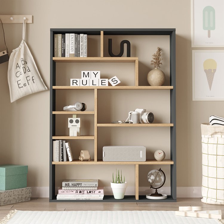 Βιβλιοθήκη Decora pakoworld σε φυσική-ανθρακί απόχρωση 90x22x123.6εκ 176-000203