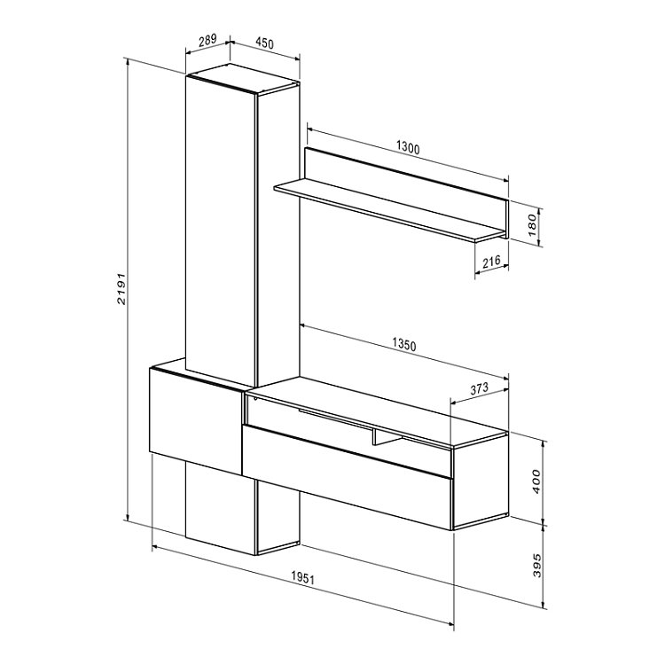 Σύνθετο σαλονιού Wendy pakoworld σε oak-μαύρη απόχρωση 195.1x37.3x219.1εκ 192-000046