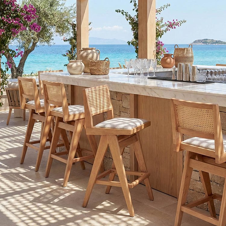 Σκαμπό bar Winslow pakoworld ξύλο rubberwood ανοικτό καρυδί-pvc rattan φυσικό-ύφασμα γκρι 44.5x46x98εκ 2τμχ 247-000007