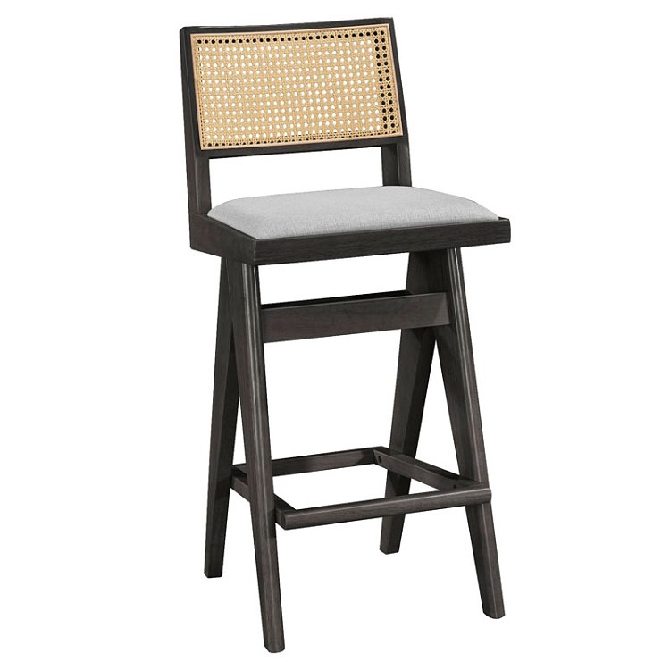 Σκαμπό bar Winslow pakoworld ξύλο rubberwood μαύρο-pvc rattan φυσικό-ύφασμα γκρι 44.5x46x98εκ 2τμχ 247-000008