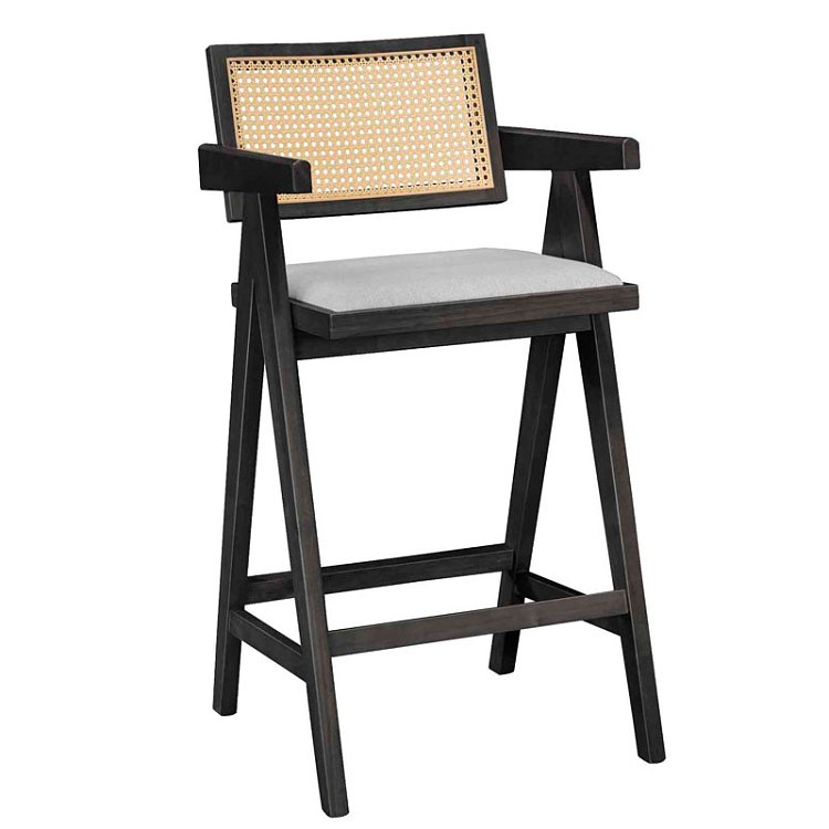 Σκαμπό bar Winslow pakoworld ξύλο rubberwood μαύρο-pvc rattan φυσικό-ύφασμα γκρι 2τμχ 247-000010