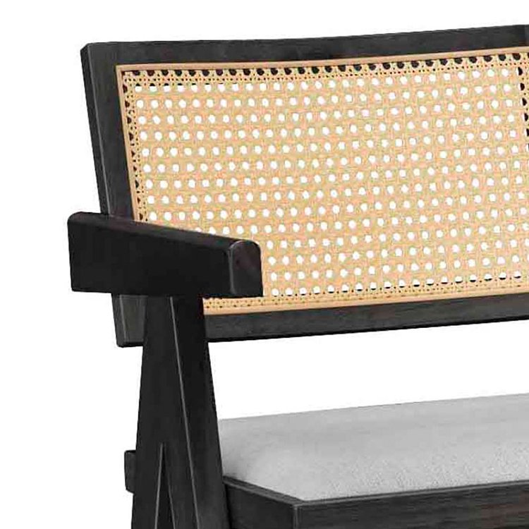 Σκαμπό bar Winslow pakoworld ξύλο rubberwood μαύρο-pvc rattan φυσικό-ύφασμα γκρι 2τμχ 247-000010