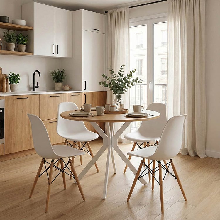 Τραπέζι Xuson pakoworld φυσικό mdf-πόδι λευκό μέταλλο Φ80x75εκ 292-000072
