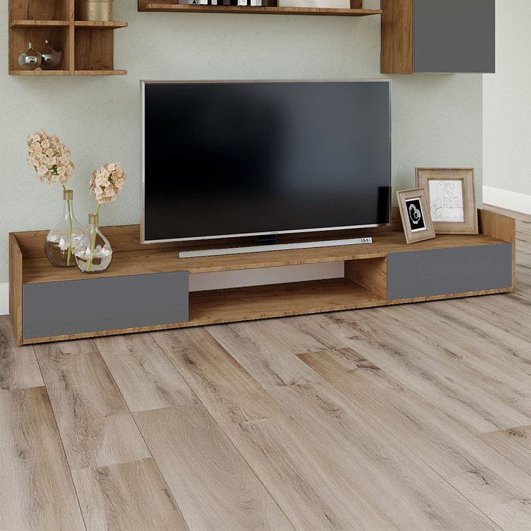 Έπιπλο TV Callisto Σκούρο Δρυς-Γραφίτης 200x40x30cm GR-CALTV-2