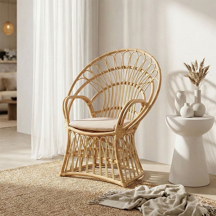Πολυθρόνα Boloni Inart με μπεζ μαξιλάρι-φυσικό rattan 96x70x120εκ 314-000006