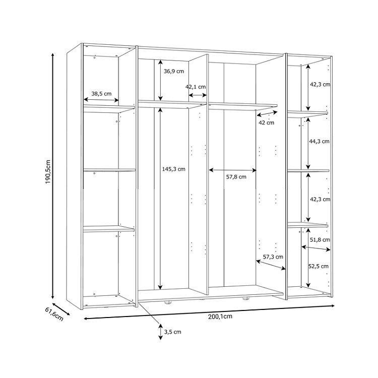 Ντουλάπα ρούχων Closet pakoworld τετράφυλλη sonoma oak-λευκό μελαμίνης 200x61.5x190.5εκ 318-000002