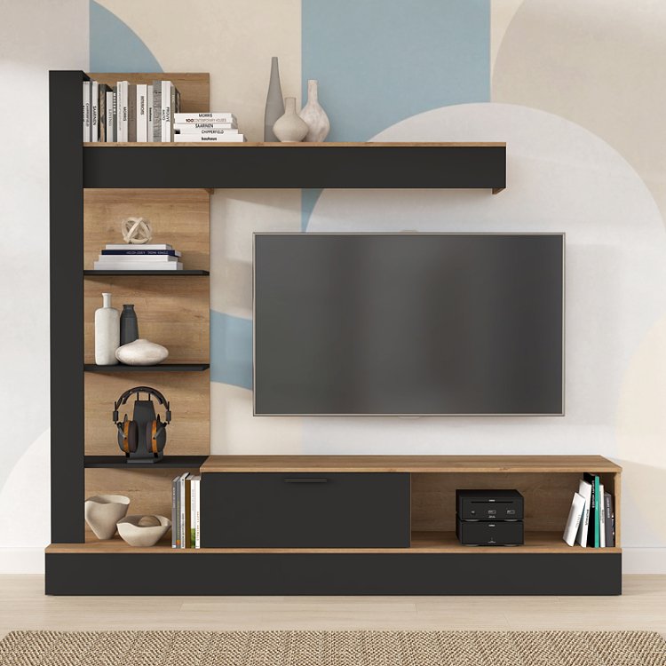 Σύνθετο σαλονιού Dranko pakoworld μαύρο-oak μελαμίνης 205x41.5x192εκ 318-000010