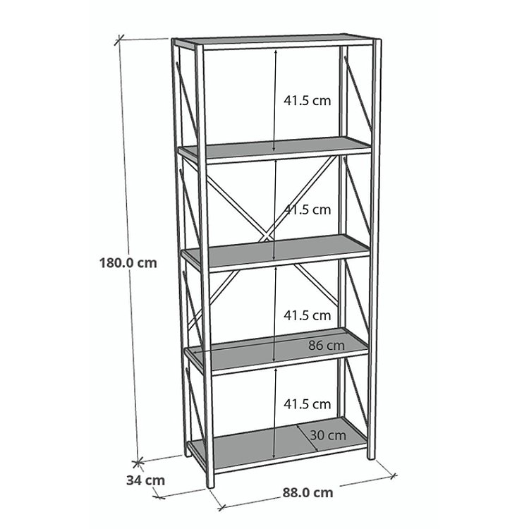 Βιβλιοθήκη Tikilmo pakoworld oak μελαμίνης-μαύρο μέταλλο 88x34x180εκ 321-000003