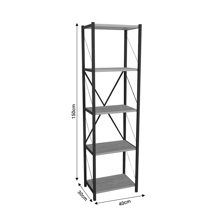 Βιβλιοθήκη Glase pakoworld oak μελαμίνης-μαύρο μέταλλο 40x30x150εκ 321-000008