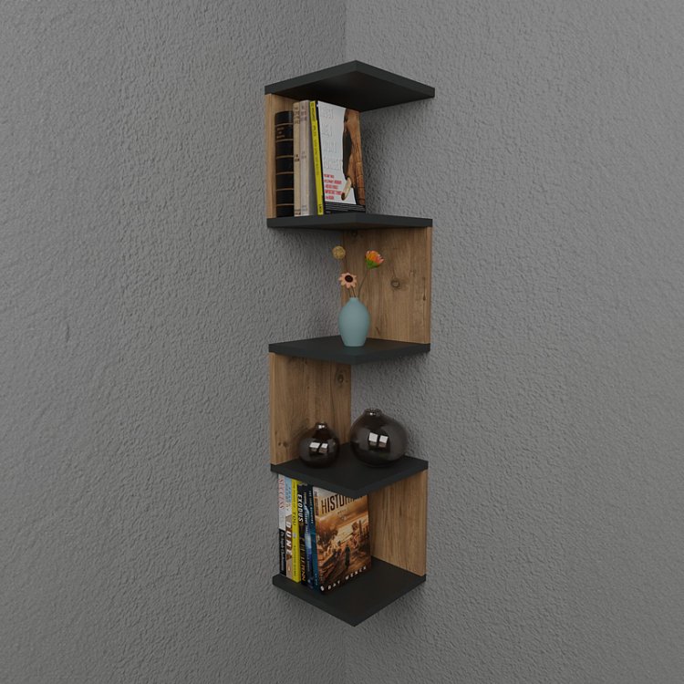 Ραφιέρα τοίχου Zigzag pakoworld oak-ανθρακί μελαμίνης 25x25x109εκ 321-000021