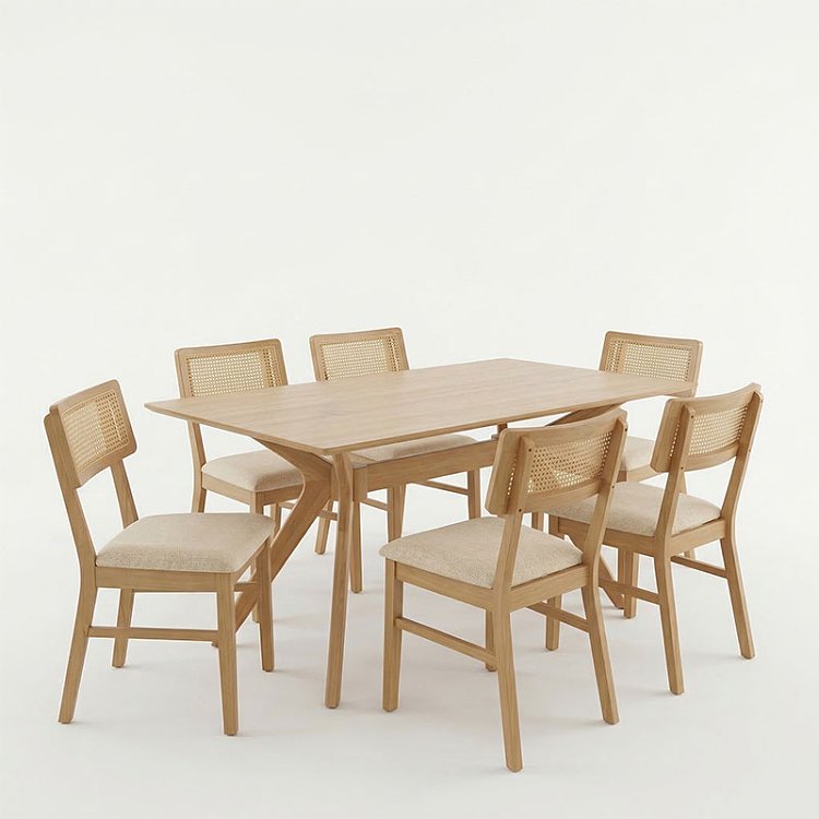 Τραπεζαρία Raffles pakoworld σετ 7τεμ rubberwood με pe rattanσε φυσική απόχρωση 150x90x76εκ 381-000016