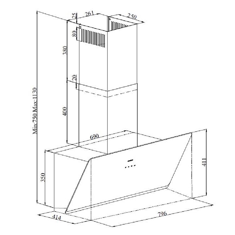 DAVOLINE SHAPE 090 BL Απορροφητήρας Καμινάδα 90cm Μαύρο 801003405
