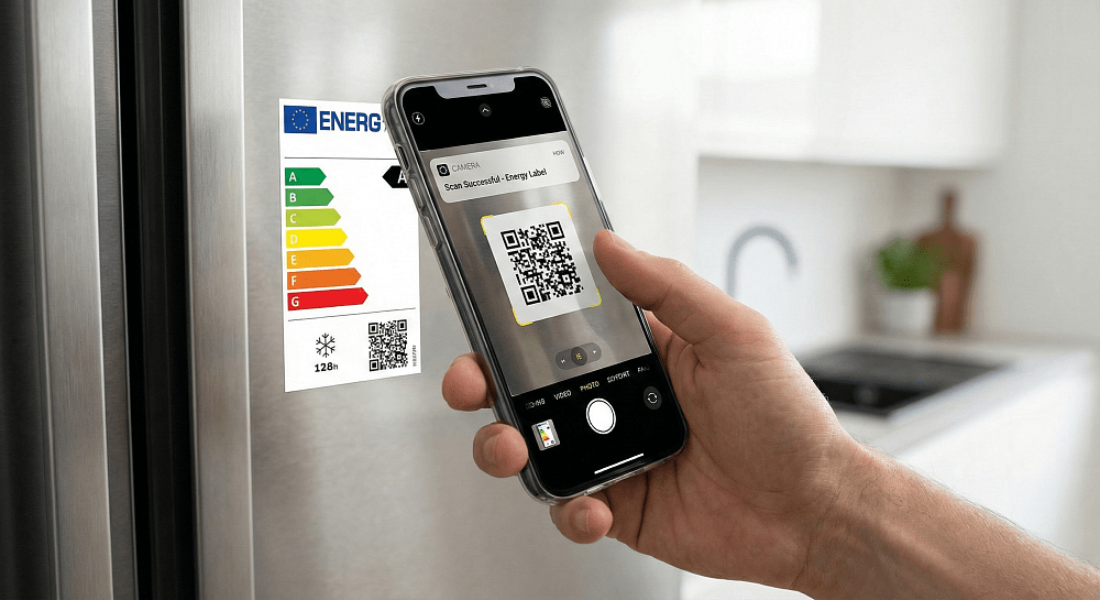 Χρήση smartphone για τη σάρωση του QR code σε νέα ενεργειακή ετικέτα ηλεκτρικής συσκευής.