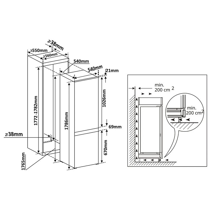 Crown CDEP177NFBI Εντοιχιζόμενος Ψυγειοκαταψύκτης 176.5x54x54