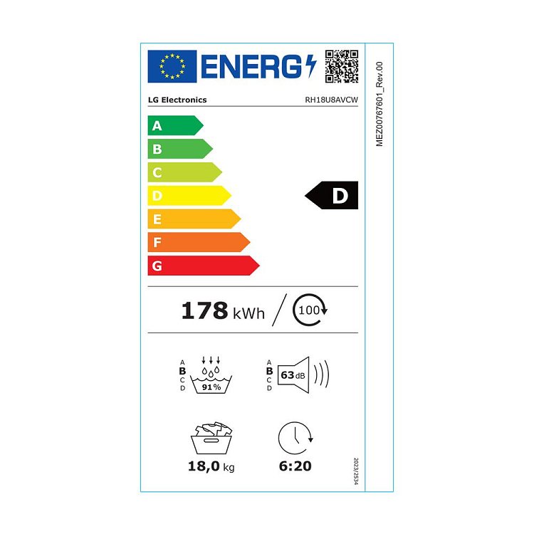 LG RH18U8AVCW Στεγνωτήριο Λευκό 18kg