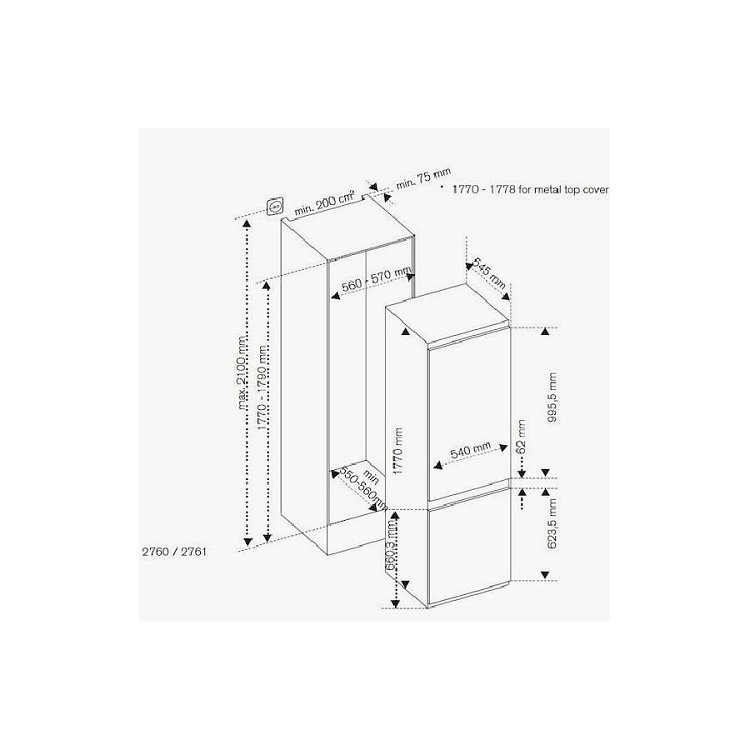 BERTAZZONI REF60 3BBN PVC-S/20 Εντοιχιζόμενος Ψυγειοκαταψύκτης 177x54x54.5