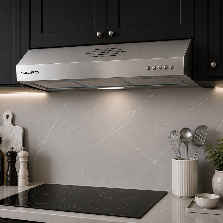 Κοντινή άποψη απορροφητήρα SILIFO SF6686 inox με μαύρα ντουλάπια και γκρι μαρμάρινη πλάτη
