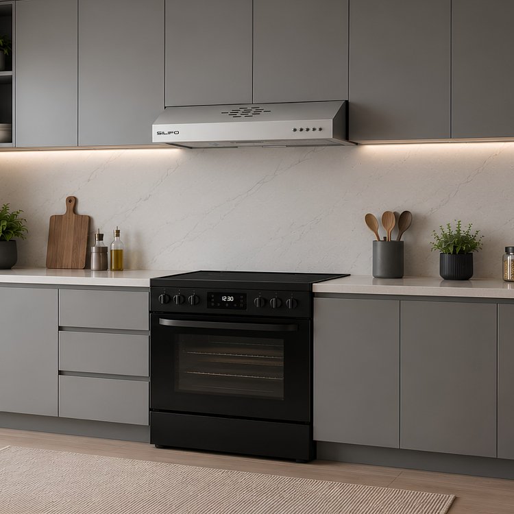 Απορροφητήρας SILIFO SF6686 inox σε μοντέρνα γκρι κουζίνα πάνω από μαύρη ηλεκτρική κουζίνα