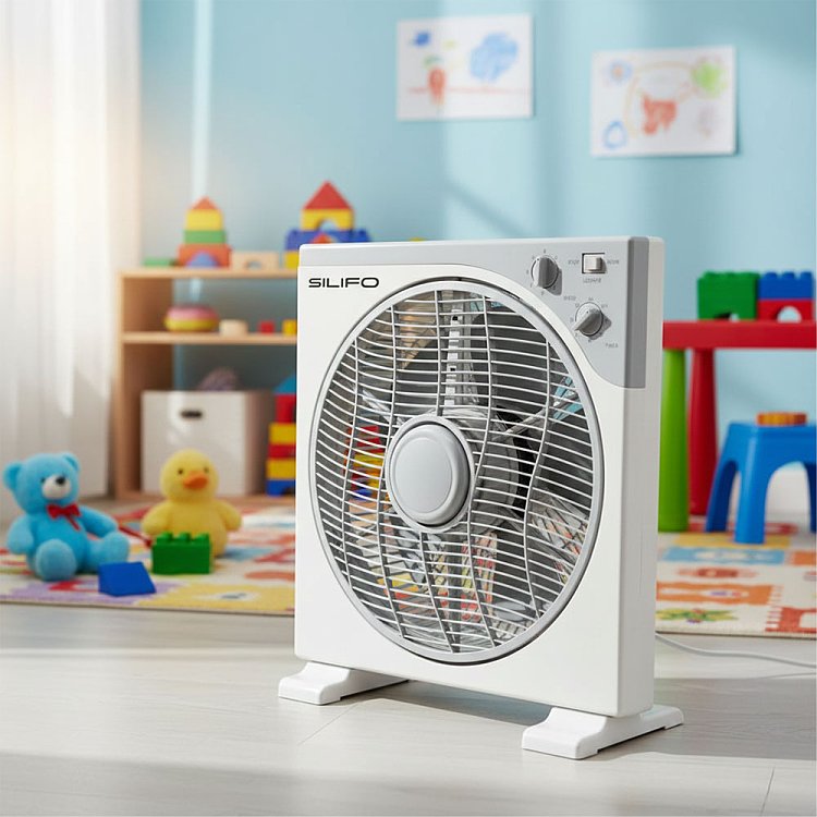 Ανεμιστήρας box fan σε πάτωμα παιδικού δωματίου