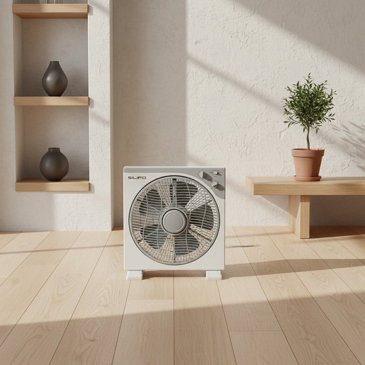 Ανεμιστήρας box fan σε πάτωμα σαλονιού