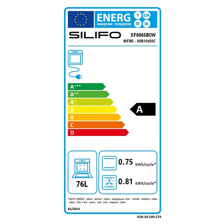 Ενεργειακή ετικέτα του φούρνου SILIFO SF6865BOW με ενεργειακή κλάση A, χωρητικότητα 76 λίτρων και κατανάλωση 0,75 ή 0,81 kWh ανά κύκλο.