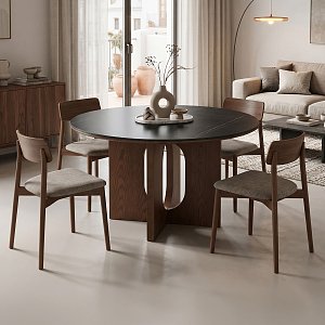 Τραπέζι Merge pakoworld sintered stone-mdf σε μαύρο μαρμάρου με καρυδί βάση Φ130x75εκ 072-000172