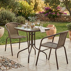 Tραπεζαρία Obbi-Watson pakoworld σετ 3τεμ καφέ μέταλλο-pe rattan 60x60x70εκ 130-000085