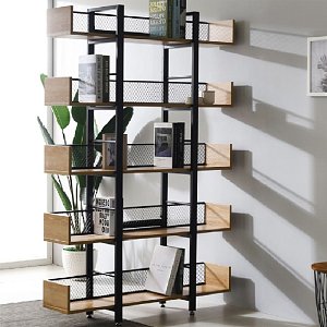 Βιβλιοθήκη Musha pakoworld μέταλλο μαύρο με oak απόχρωση 120x27x185εκ 197-000299