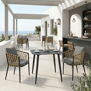 Τραπεζαρία Peluxe Vista pakoworld σετ 3τεμ ανθρακί αλουμίνιο με PE σχοινί σε φυσική απόχρωση και μαξιλάρια 80x80x72εκ 200-001673