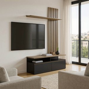 Σύνθετο σαλονιού Perlento pakoworld σε μαύρο με sonoma απόχρωση 140x41x219.5εκ 230-000099