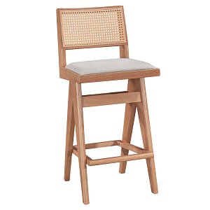 Σκαμπό bar Winslow pakoworld ξύλο rubberwood ανοικτό καρυδί-pvc rattan φυσικό-ύφασμα γκρι 44.5x46x98εκ 2τμχ 247-000007