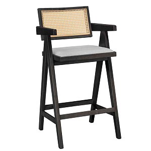 Σκαμπό bar Winslow pakoworld ξύλο rubberwood μαύρο-pvc rattan φυσικό-ύφασμα γκρι 2τμχ 247-000010