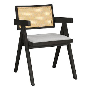 Πολυθρόνα Winslow pakoworld ξύλο rubberwood μαύρο-pvc rattan φυσικό-ύφασμα γκρι 2τμχ 247-000005