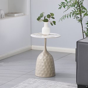 Βοηθητικό τραπέζι Amphora pakoworld μέταλλο cappuccino- τραβερτίνα με όψη μαρμάρου Φ40x60εκ 278-000060