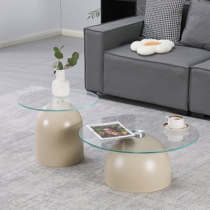 Τραπέζια σαλονιού Barel pakoworld σετ 2τεμ μέταλλο cappuccino- clear glass 278-000059