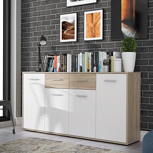 Μπουφές Drepen pakoworld μελαμίνη σε λευκό και sonoma χρώμα 162.3x34.2x81.7εκ 318-000022