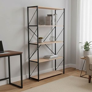 Βιβλιοθήκη Tikilmo pakoworld oak μελαμίνης-μαύρο μέταλλο 88x34x180εκ 321-000003
