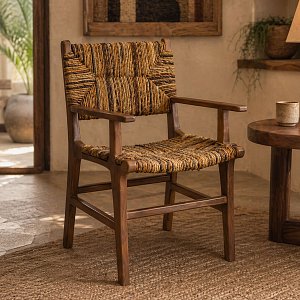 Πολυθρόνα Refane pakoworld φυσικό teak ξύλο-ψάθα 55x60x85εκ 336-000008