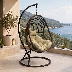 Κούνια φωλιά με βάση Cungo pakoworld μέταλλο καφέ- pe rattan καφέ με μπεζ μαξιλάρι 125x105x195εκ 368-000011