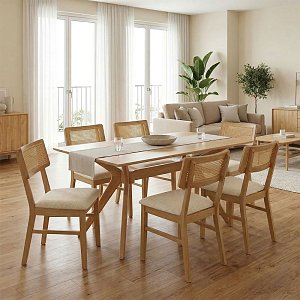 Τραπεζαρία Raffles pakoworld σετ 7τεμ rubberwood με pe rattanσε φυσική απόχρωση 150x90x76εκ 381-000016