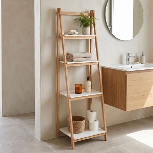 Ραφιέρα δαπέδου Benwen pakoworld πτυσσόμενη rubberwood-mdf σε λευκή-φυσική απόχρωση 42x34.5x140εκ 408-000016