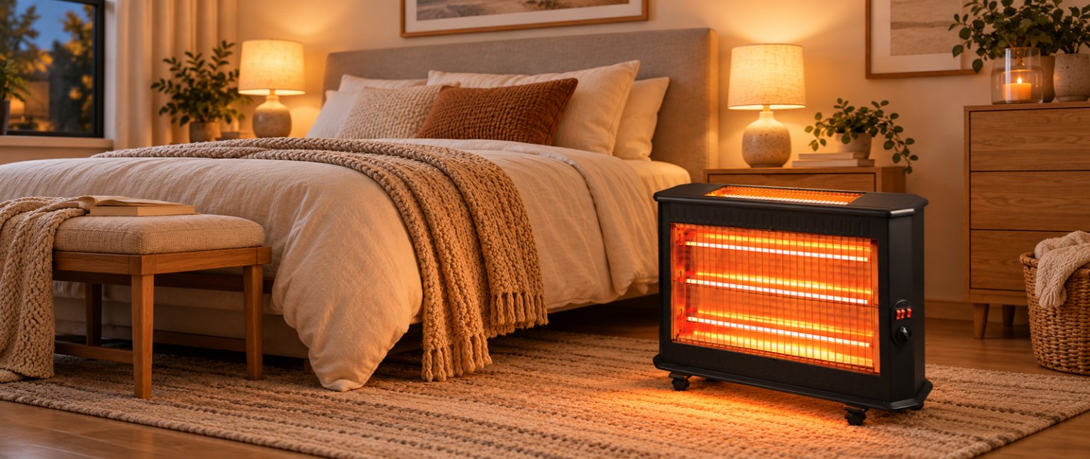 Ηλεκτρική σόμπα χαλαζία σε ζεστό και cozy υπνοδωμάτιο με διπλό κρεβάτι, απαλά σκεπάσματα και ξύλινα έπιπλα.